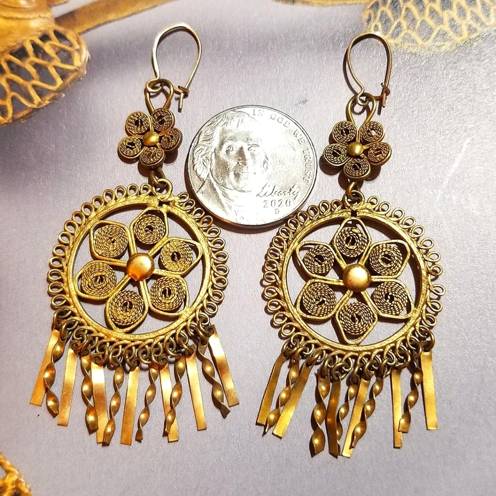 Antique Gilded Sterling Silver Cannetille work Dangle Earrings - Picture 2 of 5